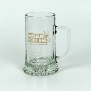 A 16 oz glass mug featuring the text "Museum of Root Beer, Wisconsin Dells, WI," capturing the essence of a traditional beer museum, shown empty against a simple backdrop.