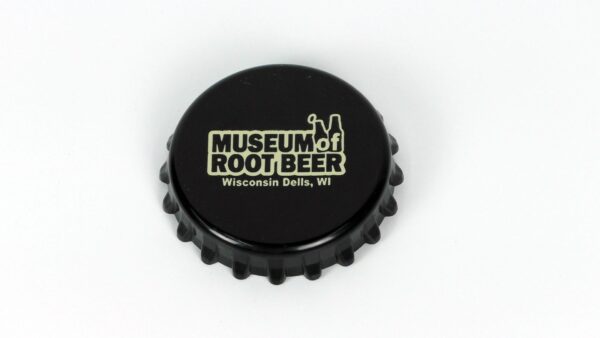 Black "Museum of Root Beer, Wisconsin Dells, WI" printed bottle cap magnet-opener in white text, celebrating the unique allure of this beer museum.