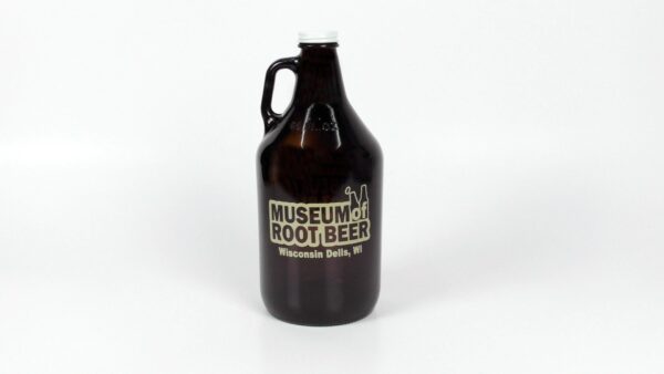 A glass growler with a cap, prominently labeled "Museum of Root Beer, Wisconsin Dells, WI," is showcased against a plain white backdrop, capturing the essence of this unique beer museum.