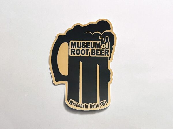 Mug Sticker featuring a root beer mug illustration with the text "Museum of Root Beer, Wisconsin Dells, WI," capturing the unique charm of this delightful beer museum.