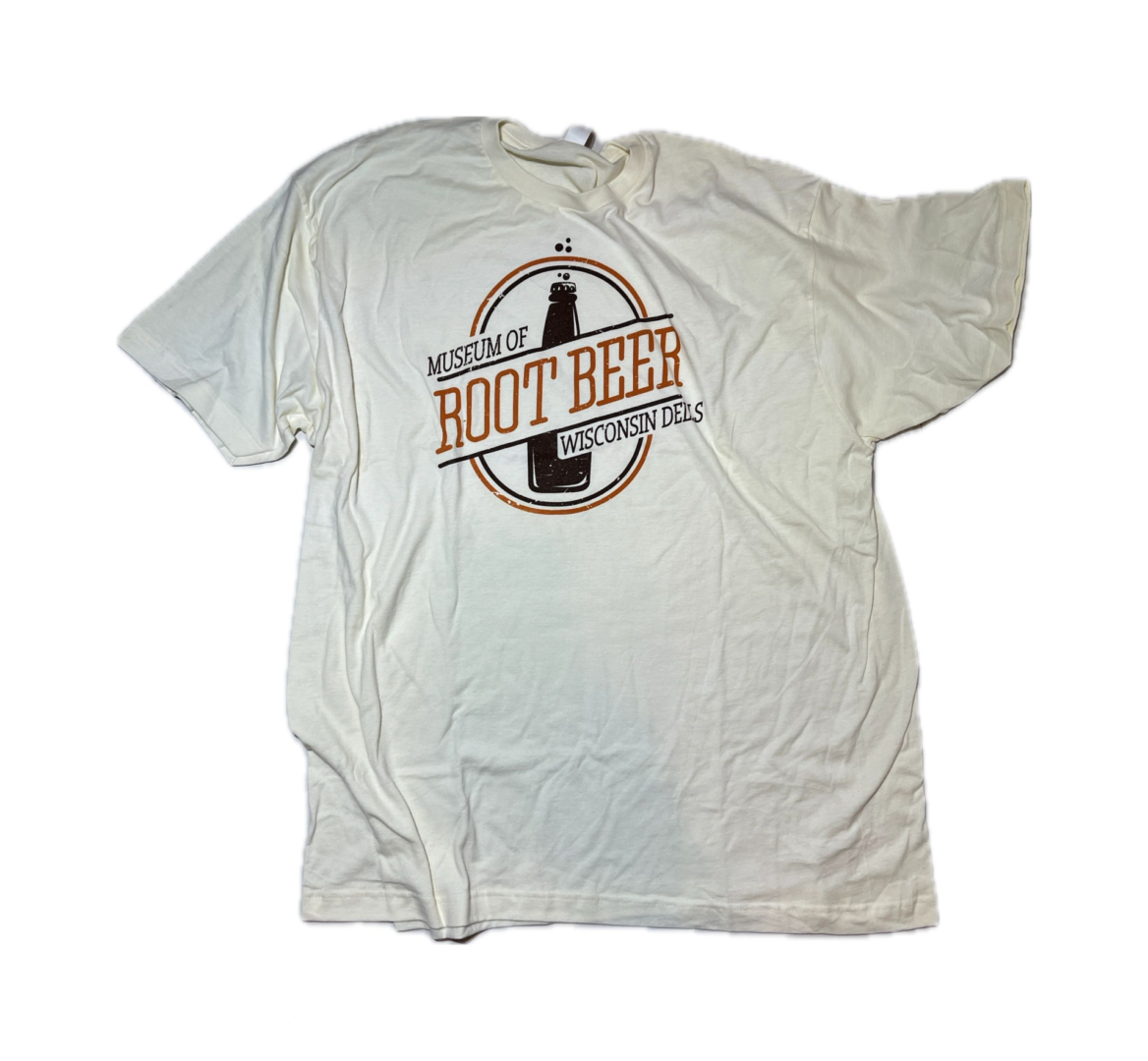 Retro T-shirt in white with "Museum of Root Beer, Wisconsin Dells" and a bottle logo on the front, celebrating the whimsical charm of this unique beer museum experience.