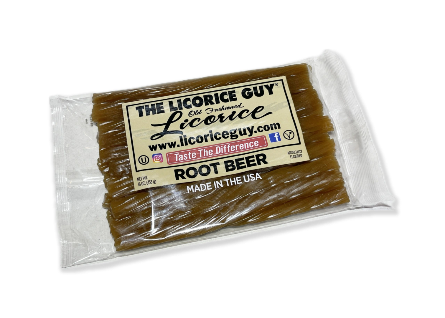 Package of "Root Beer Licorice" by "The Licorice Guy," labeled as "Old Fashioned Licorice," featuring website and social media icons. This distinctive treat pays homage to classic flavors, evoking the nostalgia of exhibits in a beer museum. Made in the USA.