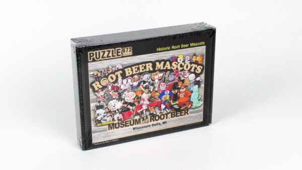 A sealed box of the Root Beer Mascots Puzzle featuring a collection of root beer mascots from the Museum of Root Beer in Wisconsin Dells, WI. This distinctive puzzle embodies the spirit of a beer museum experience in an engaging and imaginative manner.