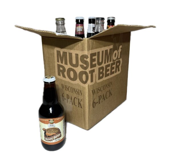 A box labeled "Wisconsin Root Beer Six-Pack" displays a variety of root beer bottles, with one bottle tastefully positioned outside, capturing the essence of a mini root beer museum.