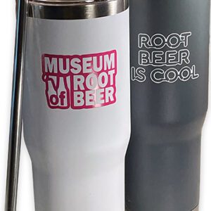 A 16 oz glass mug featuring “Museum of Root Beer” and “Root Beer Is Cool” printed on it.